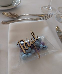 Wooden laser cut wedding place name, table favour